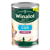 A 400g can of Purina Winalot Cod In Jelly Dog Food, featuring a dog image and a person walking dogs, is priced at £1.25.